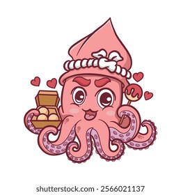 Vector cute squid character seafood restaurant logo hand drawn