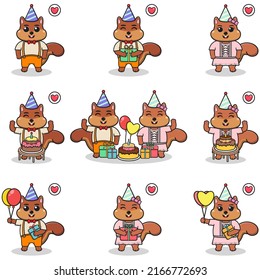 Vector of Cute Squirrel in Birthday Party. Set of cute little Squirrel characters. Collection of funny Squirrel isolated on a white background.