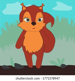 Vector cute squirrel on nature background.