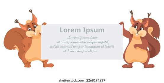 Vector cute squirrels holding banner with text template standing isolated on white background. Funny wild forest rodent characters carrying poster mockup for advertising and promotion
