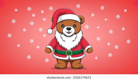 Vector lindo de pie de dibujos animados sonriente tipo oso de peluche en traje de Santa Claus. Felices Navidades y Feliz Año Nuevo. Fondo rojo con copos de nieve blancos.