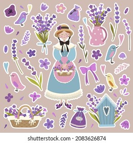 Vector cute sticker set with lavender flowers, girl, romantic elements and petals