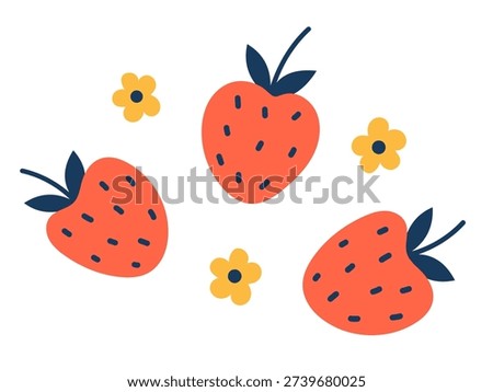 Vector cute strawberries and yellow flowers isolated on white background. Fun flat summer fruit illustration for kids print, sticker, greeting card, packaging design. Summer strawberry collection.