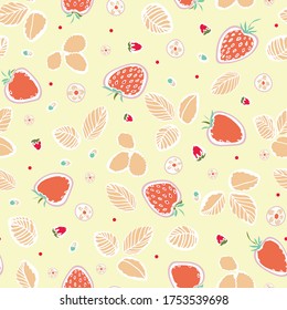 Vector cute strawberry summer pattern. Graphic modern cut out repeating design. Hand drawn berry fruit pattern with leaf and blossom on cream colored background. Hand drawn pastel backdrop.