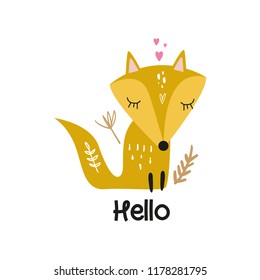 Vector cute summer girl baby little fox, floral elements. Nursery holiday illustration. It can be used for wall art, greeting card, poster, kids apparel