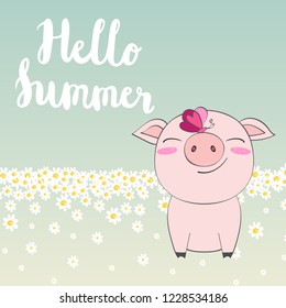 Vector cute summer illustration with pig and butterfly.