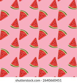 Vector cute summer pattern with red watermelon slices on pink background, summer flat berries, summer theme, summer patterns for various products