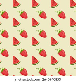 Vector cute summer pattern with red watermelon slices and strawberries on light yellow background, summer flat berries, summer theme, summer patterns for various products