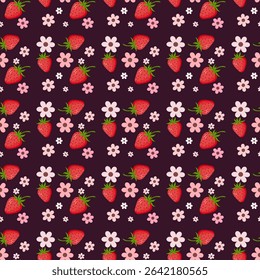 Vector cute summer pattern with red strawberries and flowers, summer flat berries, summer theme, summer patterns for various products