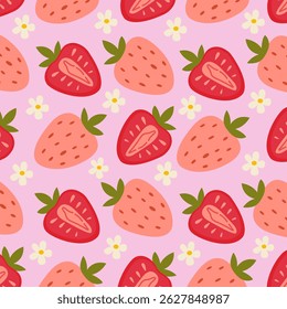 Vector cute summer pattern with strawberries and flowers on a pink background, summer flat berries, summer theme, summer patterns for various products. Hand drawn retro illustration