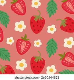 Vector cute summer pattern with strawberries, flowers and leaves. Summer flat berries, summer theme. Summer pattern for various products, wrapping paper, background, wallpaper, poster