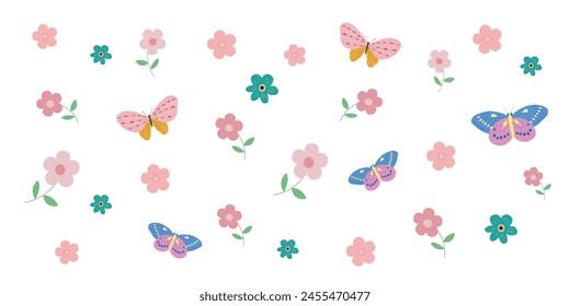 Vector cute summer and spring pattern with flowers and butterfly on a white background, vector flat butterfly, floral theme, print for ceramic dishes or other products