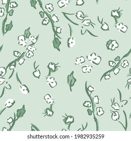 Vector Cute Summer Wild Meadow Florals in Pastel Green seamless pattern background. Perfect for fabric, wallpaper and scrapbooking projects.