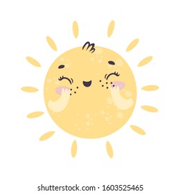 vector cute sun for children. kindness and cozy, yellow circle, laughter and smile. kawaii illustration for kids. baby shower