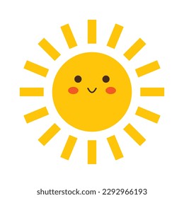 Vector cute sun with face in flat design. Happy smiling sun. Funny summer sunshine.
