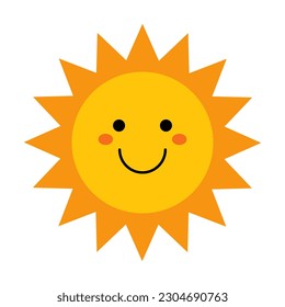 Vector cute sun with face. Funny smiling sun in flat design. Childish sunshine emoji. Baby sun with sharp triangle sunbeams. Kids clipart.