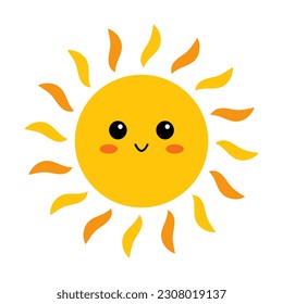 Vector cute sun with face. Funny smiling sun in flat design. Childish sunshine emoji. Kawaii sun with sunbeams. Baby sunshine clipart.