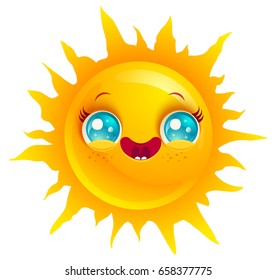 Vector cute sun in kawaii style. Funny sun with smile