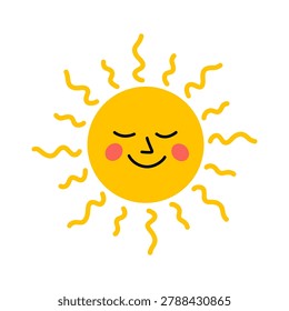 Vector cute sun with wavy ray, closed eye and blush. Warm childish smiling sunshine character symbol of happy summer weather in flat design. Kids clipart.