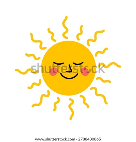 Vector cute sun with wavy ray, closed eye and blush. Warm childish smiling sunshine character symbol of happy summer weather in flat design. Kids clipart.