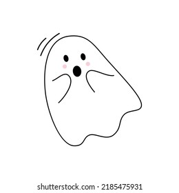 Vector cute surprised ghost. Flying spirit in flat design. Outline phantom on white background. Doodle ghost. Halloween.