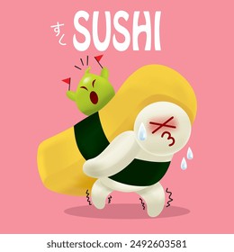 Vector de un lindo personaje de sushi. El carácter verde es un wasabi. La palabra japonesa significa sushi.