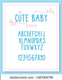 Vector cute and sweet font with capital letters and numbers. Cute Baby Regular. Perfect for little kids design.
