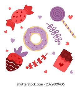 Vector cute sweets. Chocolate covered strawberry. Donut and lollipop. Stickers.