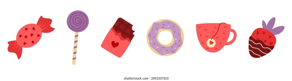 Vector cute sweets. Cup with tea bag and chocolate covered strawberry. Donut and lollipop. Stickers.