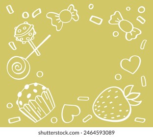 Vector cute sweets. Stylized cake, lollipops and strawberries. Vector fruit and bakery frame. Dessert illustrated print in hand-drawn style.