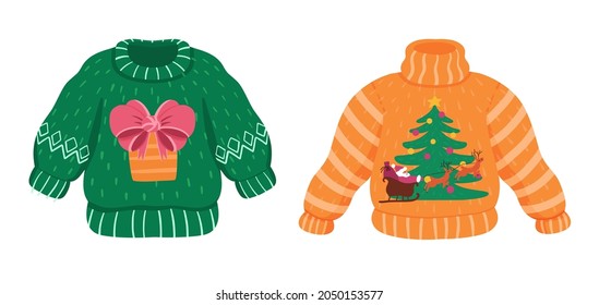 Vector cute tacky sweaters set for Christmas party. Funny Xmas ugly jumpers with sleigh, Santa Claus, deers, gifts and fir-tree. Isolated green and orange objects.