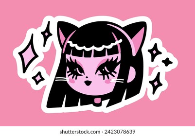 Ilustración de tatuaje lindo vectorial de una mujer con orejas de gato al estilo de anime de dibujos animados.