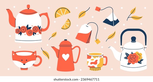 El vector adorable juego de tiempo de té. Colección de hervidores de té, tazas, tazas, bolsos de té, hojas y lonchas de limón.