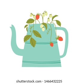 vector cute teapot strawberry plant