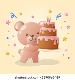 vector cute teddy bear doll with birthday cake and party vibes for baby boy girl illustration