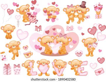 vector cute teddy bear love set valentines day with elements