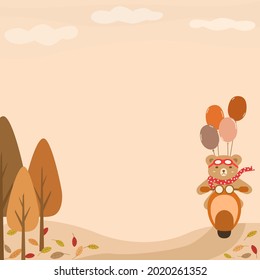 Vector - Cute Teddy bear riding motorcycle with balloon on road. Falling leaves, Autumn season concept. Copy space. Can be use for card, web, banner. 