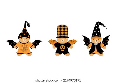 Vector - Cute teddy bear wearing Halloween dress with wing. Orange and black color. Clip art. Bundle. Cartoon style. Can be use for print, paper, sticker, web.