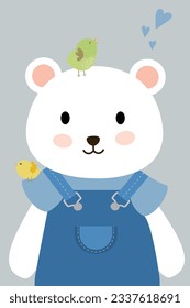 Vector with cute teddy bear - White bear Illustration. Cartoon character little boy with overall. Kawaii cartoon in shirt. Hello Baby Card. Funny Birds in green and yellow. Nursery Wallpaper.