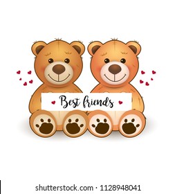 Vector cute teddy bears. Best friends. Happy friendship day