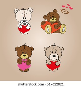Vector cute teddy bears with heart and kisses, isolated, illustration