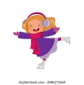 Vector cute teen girl with red hair figure ice skating outdoors in warm cloth, mittens and headphones smiling. Beautiful female character having fun outdoors at winter holidays