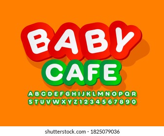 Vector cute template Baby Cafe. Green sticker Font. Creative bright Alphabet Letters and Numbers set