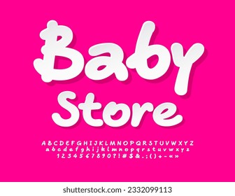 Vector lindo modelo Baby Store. Tipo de letra de emoticono blanco. Juego de letras y números de alfabeto de reproducción