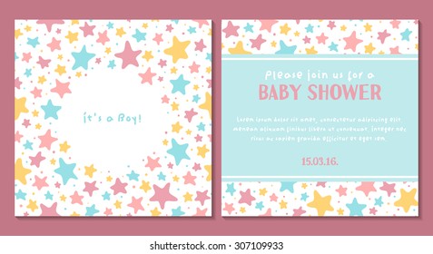 Vector cute tender invitation card for baby shower with stars. It's a boy