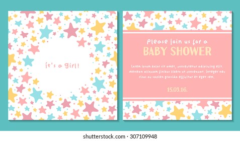 Vector cute tender invitation card for baby shower with stars. It's a girl
