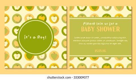 Vector cute tender invitation card for baby shower with apples. It's a boy