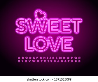 Vector lindo texto Amor dulce con corazón decorativo. Fuente Neon rosa. Letras y números de alfabeto brillantes