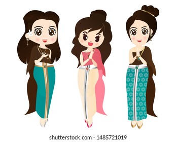 Thai Women Thai Traditional Dress Vector Stock Vector (Royalty Free ...