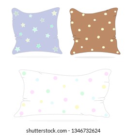 Vector - Cute three pillow or cushion blue and brown isolated on white background. Polka dot, flower. Object. Simple style. Can be use decorate web, brochure or advertising.